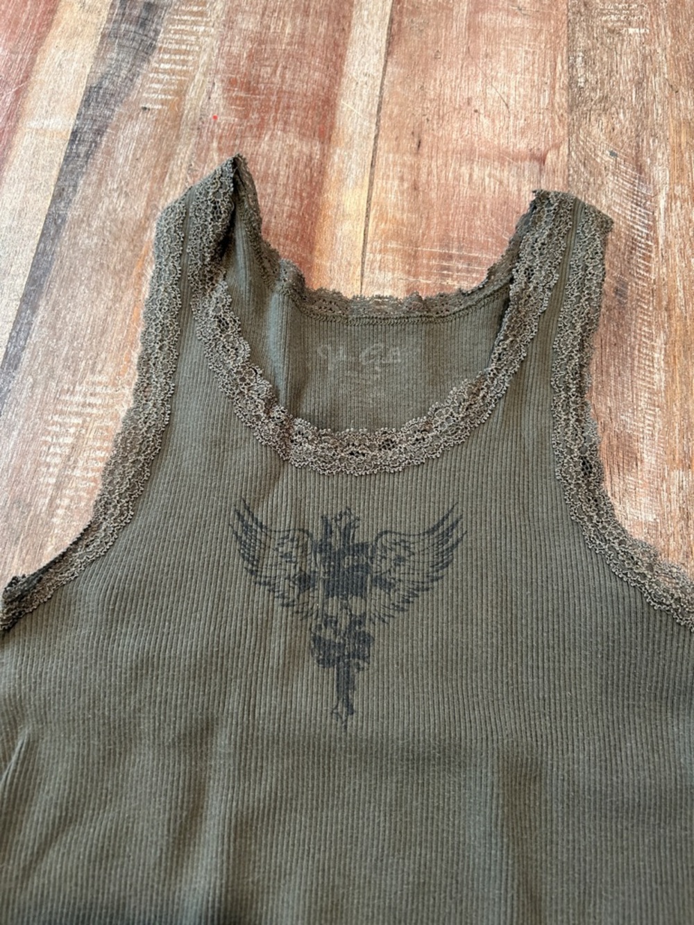 Brandy Melville Olive Lace-Trim Ribbed Tank with Black Wing Graphic - Picture 2 of 5